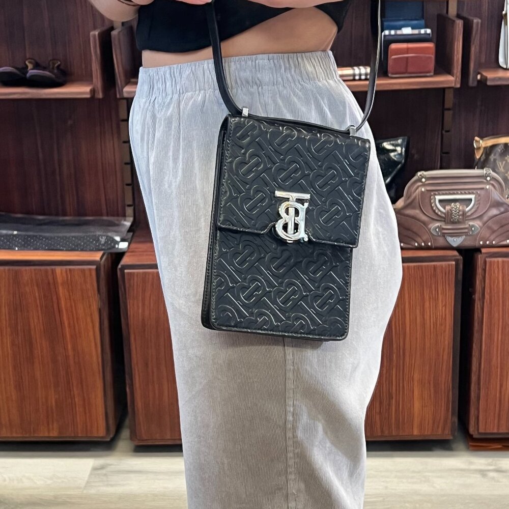 Burberry Monogram Leather Robin Bag in Black